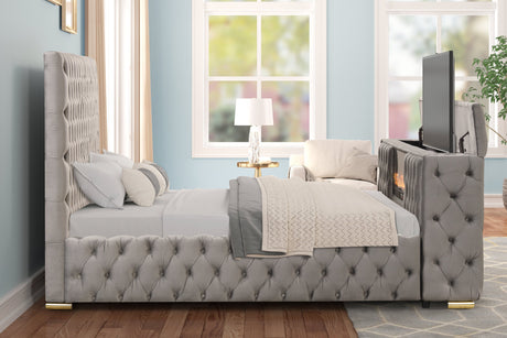Future Gray King Velvet Platform Bed with TV Lift from Happy Homes - Luna Furniture