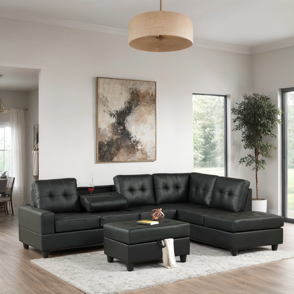 Heights Black Faux Leather Reversible Sectional with Storage Ottoman from Happy Homes - Luna Furniture