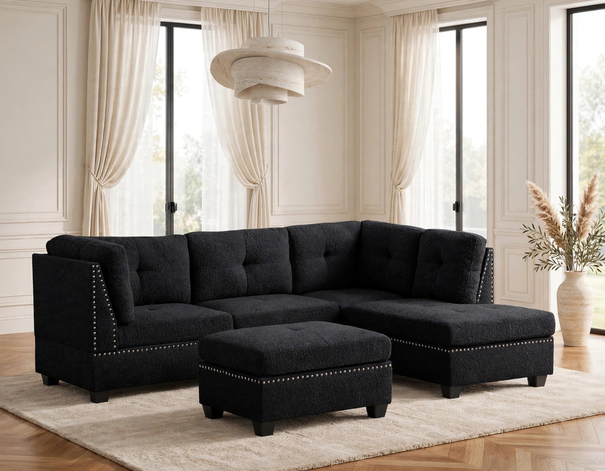 Sienna Boucle Black Sectional with Ottoman from Happy Homes - Luna Furniture