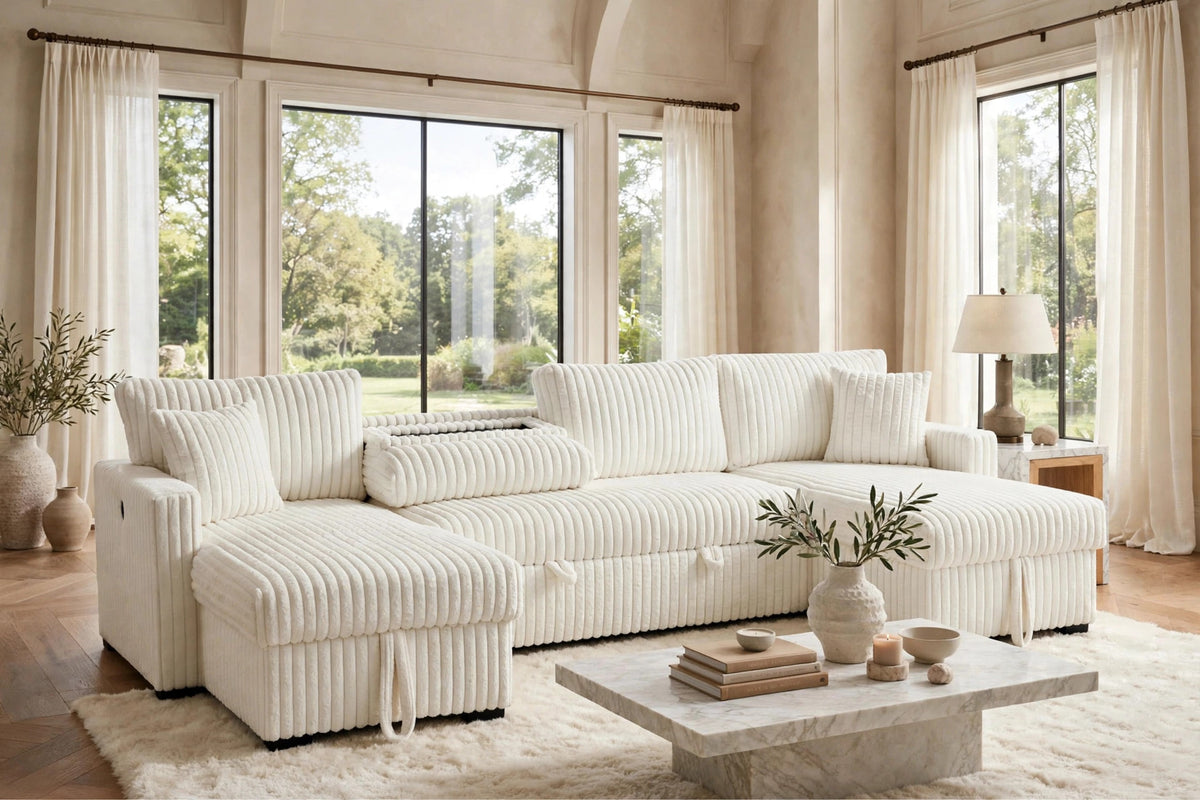 July Beige Double Storage Chaise Sectional with Pull Out Bed