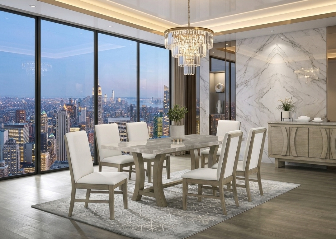 Roco Cream/Driftwood Genuine Marble 7-Piece Dining Room Set (Table & 6 Chairs) from Happy Homes - Luna Furniture