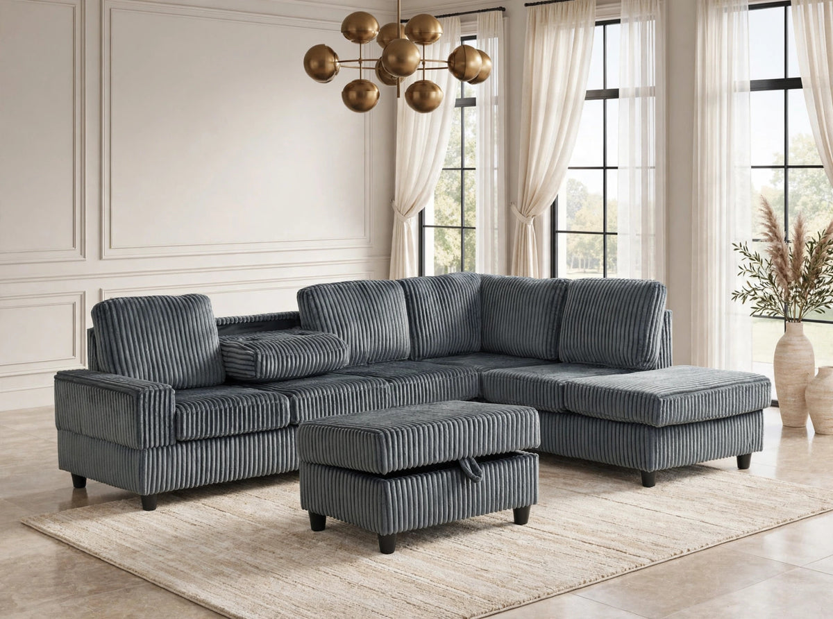 50Heights Charcoal Cord Fabric Reversible Sectional with Storage Ottoman