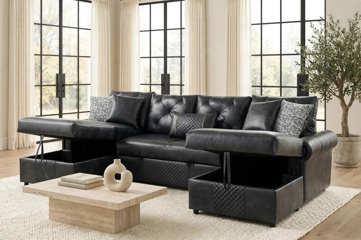 Sonoma Black Double Storage Chaise Sectional with Pull-Out Bed from Happy Homes - Luna Furniture