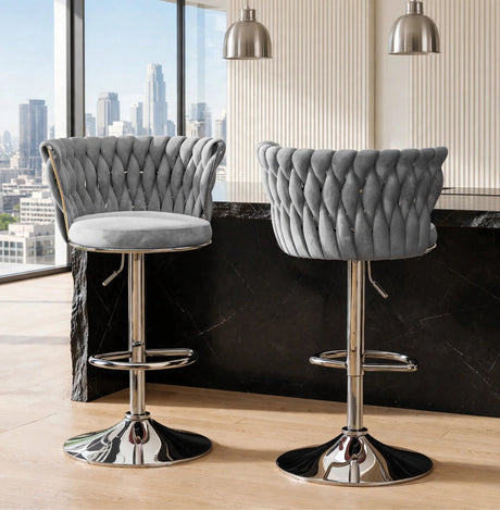 Argenta Gray/Chrome Modern Velvet Swivel Bar Chair with Adjustable Height, Set of 2 from Happy Homes - Luna Furniture