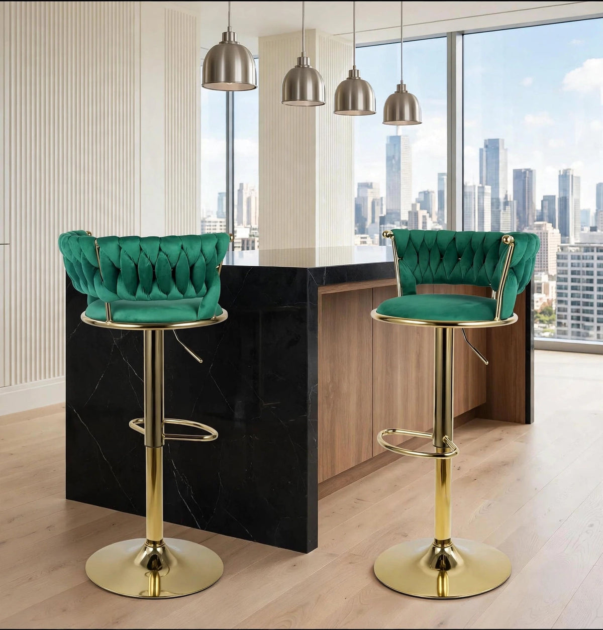 Aurelia Green/Gold Velvet Low Back Barstool, Set of 2