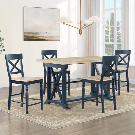 Darcy 5-Piece 64-82″Counter Set with 18-inch leaf, Midnight Blue and Natural Finish from Steve Silver - Luna Furniture