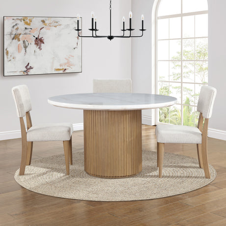 Colvin 5-Piece 52″ Round White Marble Dining Set, Toffee Finish from Steve Silver - Luna Furniture