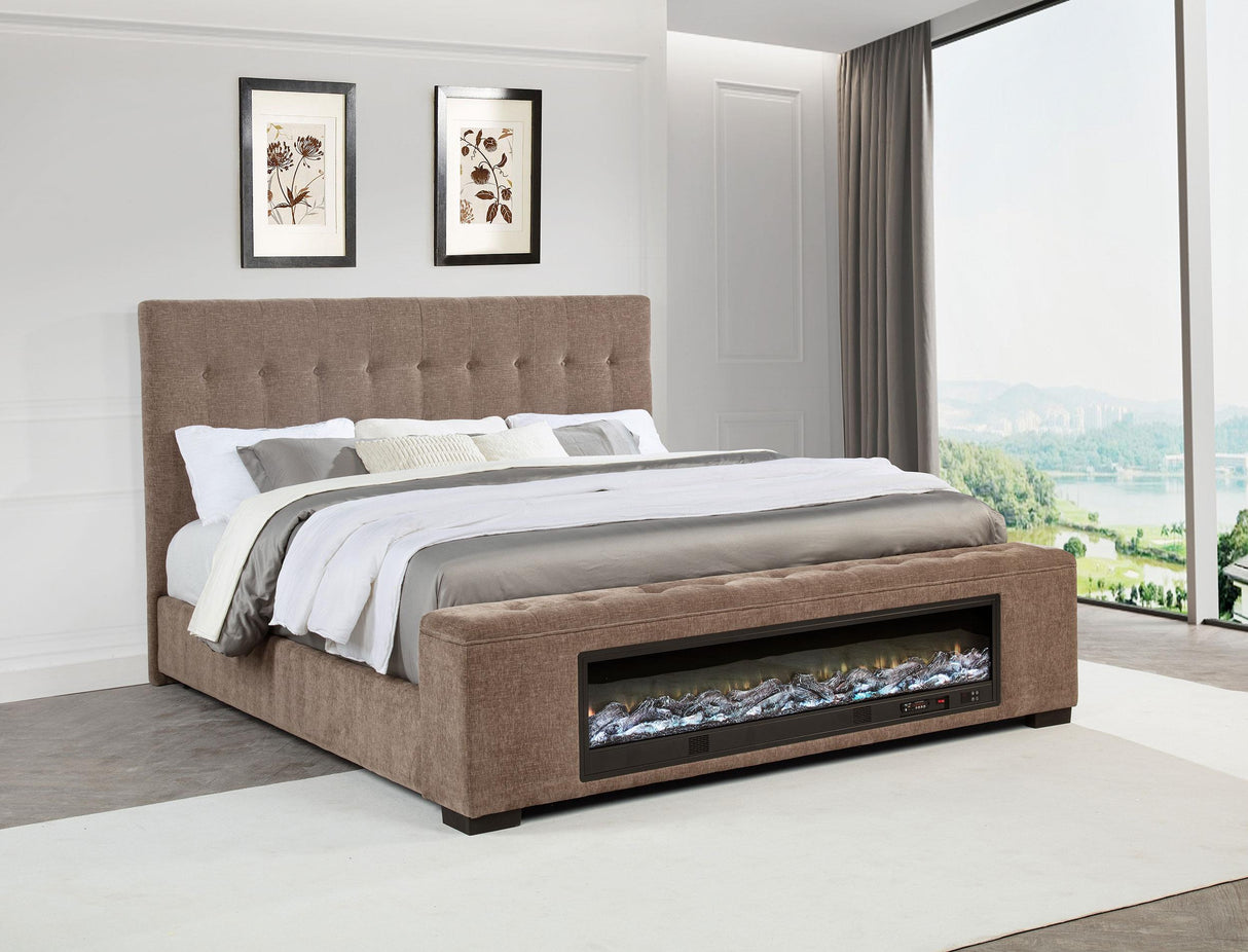 Senna Brown Upholstered California King Audio Fireplace Bed from Coaster - Luna Furniture