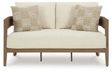 Serene Bay Dark Brown/White Outdoor Loveseat with Cushion from Ashley - Luna Furniture