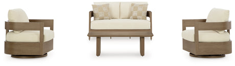 Serene Bay Outdoor Loveseat and 2 Chairs with Coffee Table in Dark Brown/White from Ashley - Luna Furniture