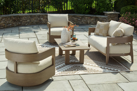 Serene Bay Outdoor Loveseat and 2 Chairs with Coffee Table in Dark Brown/White from Ashley Furniture - Luna Furniture