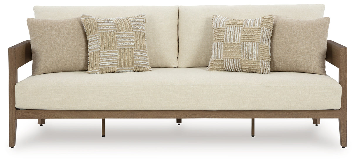 Serene Bay Outdoor Sofa and Loveseat with Coffee Table in Dark Brown/White from Ashley Furniture - Luna Furniture