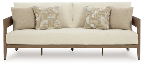 Serene Bay Outdoor Sofa and Loveseat with Coffee Table in Dark Brown/White from Ashley Furniture - Luna Furniture