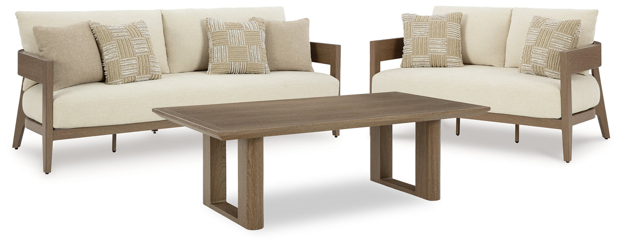 Serene Bay Outdoor Sofa and Loveseat with Coffee Table in Dark Brown/White from Ashley Furniture - Luna Furniture