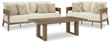 Serene Bay Outdoor Sofa and Loveseat with Coffee Table in Dark Brown/White from Ashley Furniture - Luna Furniture