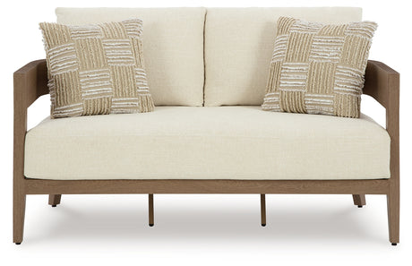 Serene Bay Outdoor Sofa and Loveseat with Coffee Table in Dark Brown/White from Ashley Furniture - Luna Furniture