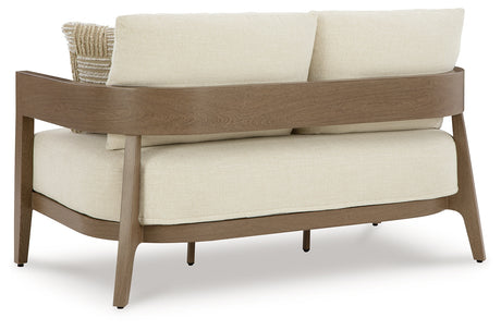 Serene Bay Outdoor Sofa and Loveseat with Coffee Table in Dark Brown/White from Ashley Furniture - Luna Furniture