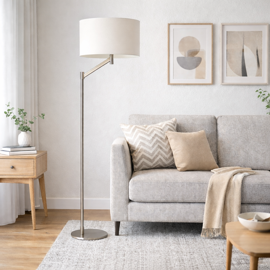 Serene Brushed Nickel Floor Lamp with Rotary Switch Metal Base White Linen Shade from Ashcroft Furniture - Luna Furniture