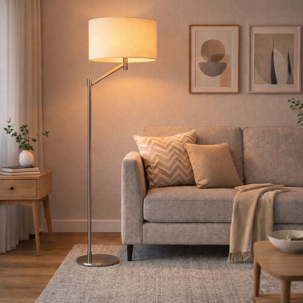 Serene Brushed Nickel Floor Lamp with Rotary Switch Metal Base White Linen Shade from Ashcroft Furniture - Luna Furniture