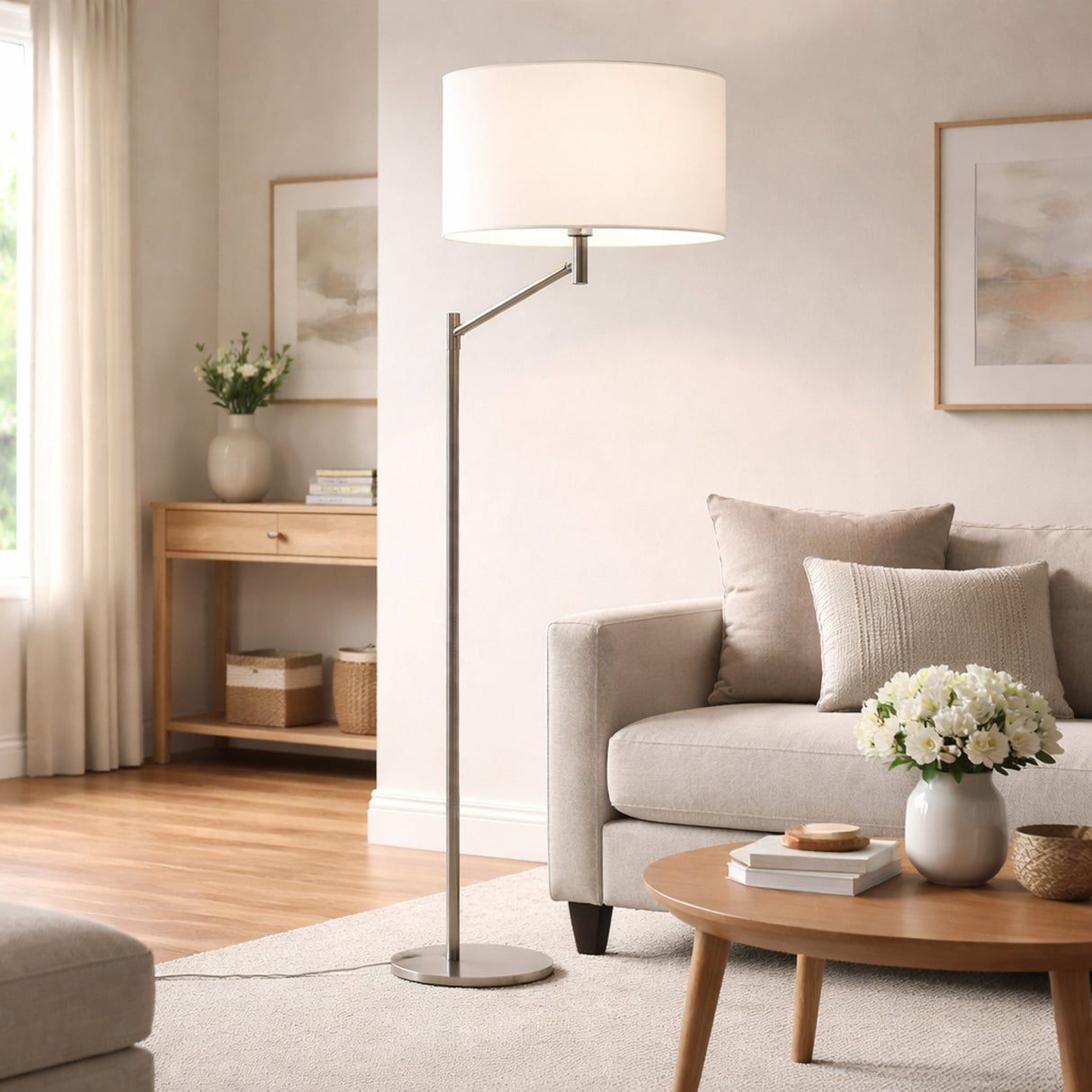 Serene Brushed Nickel Floor Lamp with Rotary Switch Metal Base White Linen Shade from Ashcroft Furniture - Luna Furniture