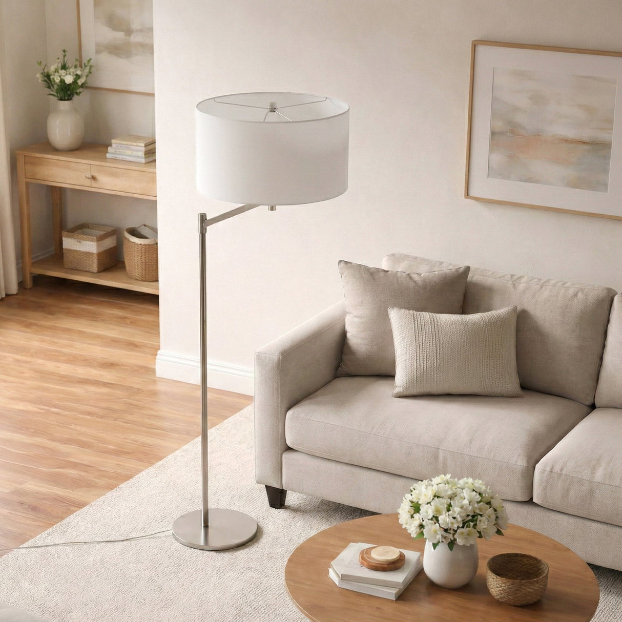 Serene Brushed Nickel Floor Lamp with Rotary Switch Metal Base White Linen Shade from Ashcroft Furniture - Luna Furniture