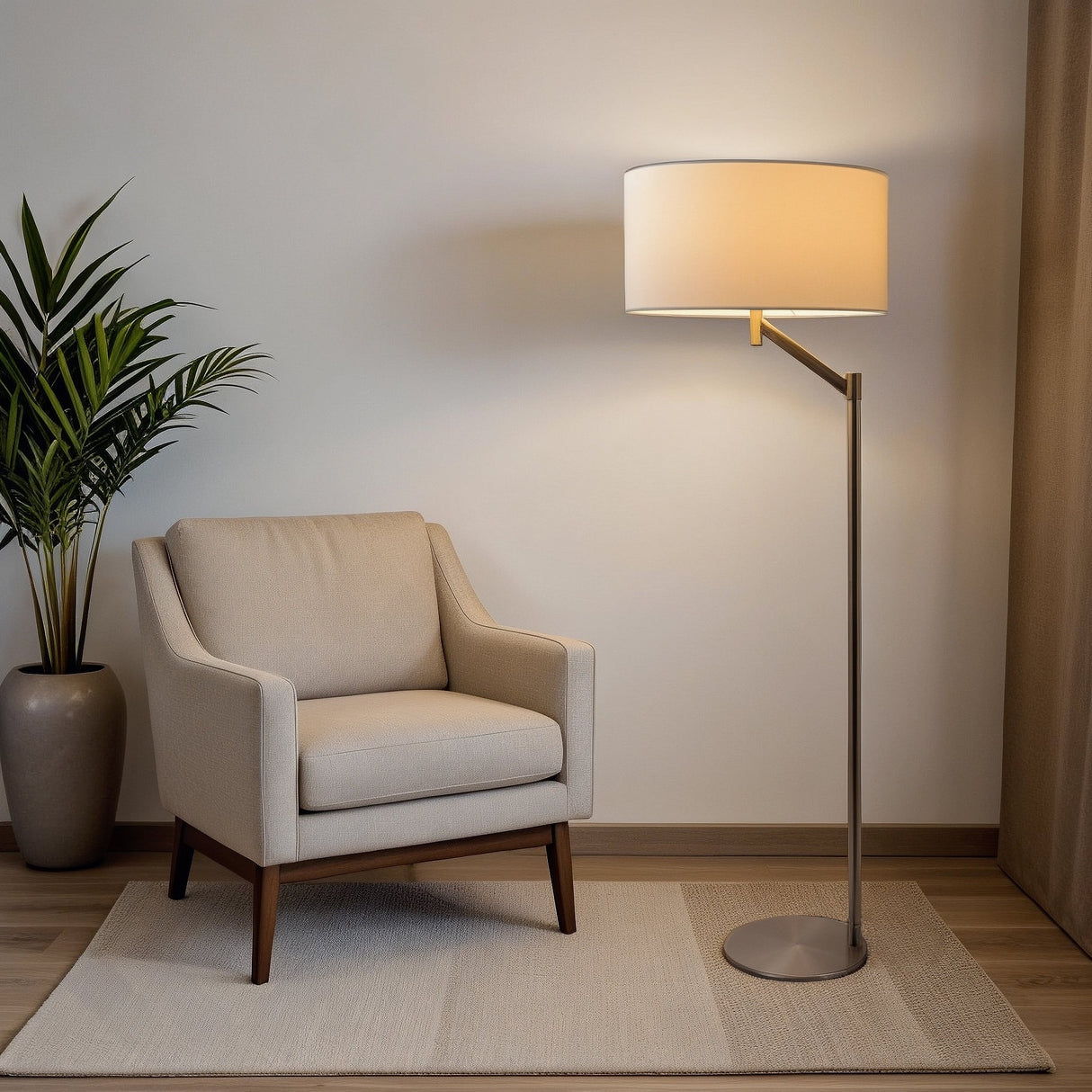 Serene Brushed Nickel Floor Lamp with Rotary Switch Metal Base White Linen Shade from Midinmod - Luna Furniture