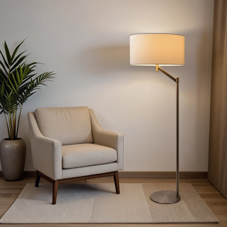 Serene Brushed Nickel Floor Lamp with Rotary Switch Metal Base White Linen Shade from Midinmod - Luna Furniture