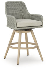 Seton Creek Beige/Gray Outdoor Bar Height Barstool with Cushion (Set of 2) from Ashley - Luna Furniture