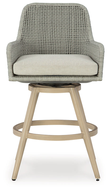 Seton Creek Beige/Gray Outdoor Bar Height Barstool with Cushion (Set of 2) from Ashley - Luna Furniture