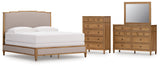 Sharlance California King Upholstered Panel Bed with Mirrored Dresser and Chest in Light Brown from Ashley - Luna Furniture