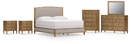 Sharlance California King Upholstered Panel Bed with Mirrored Dresser, Chest and 2 Nightstands in Light Brown from Ashley - Luna Furniture