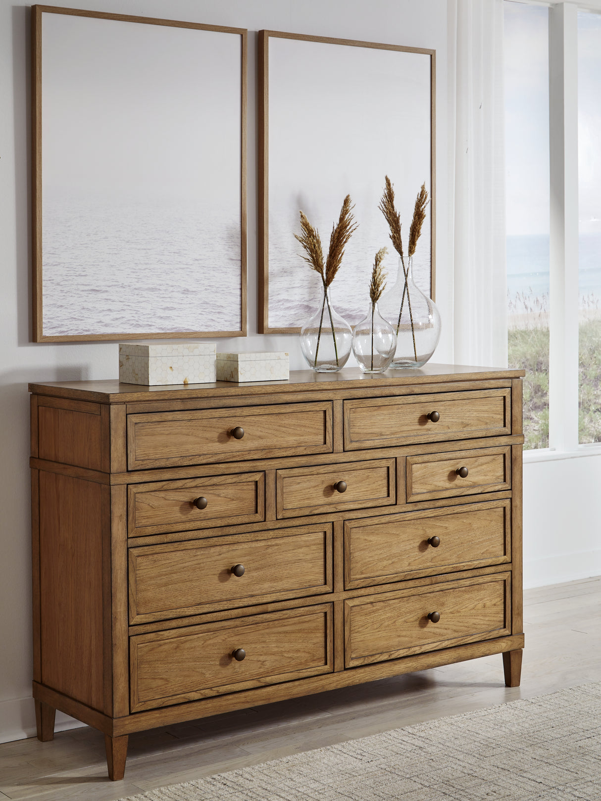 Sharlance King Upholstered Panel Bed with Dresser and 2 Nightstands in Light Brown from Ashley - Luna Furniture