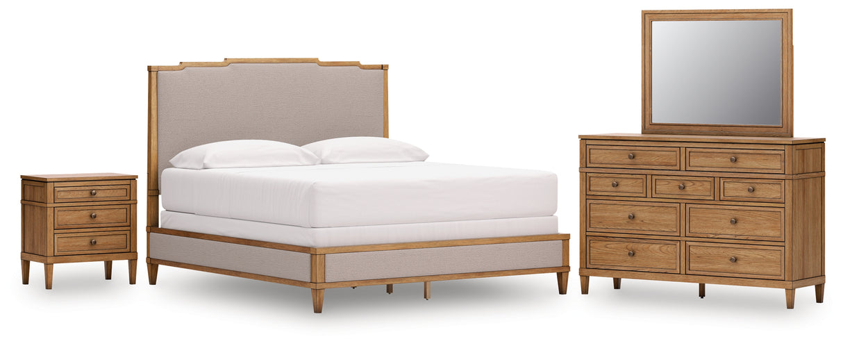 Sharlance King Upholstered Panel Bed with Mirrored Dresser and Nightstand in Light Brown from Ashley - Luna Furniture