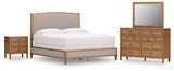 Sharlance King Upholstered Panel Bed with Mirrored Dresser and Nightstand in Light Brown from Ashley - Luna Furniture