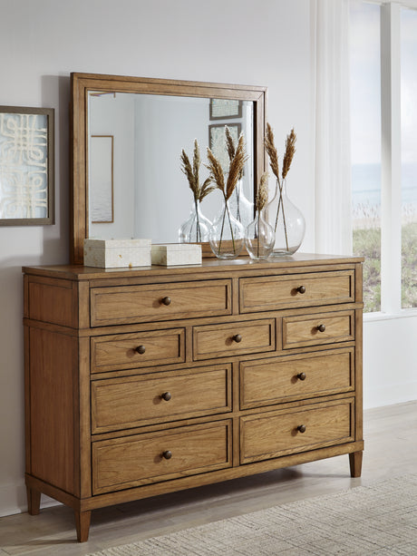 Sharlance King Upholstered Panel Bed with Mirrored Dresser, Chest and Nightstand in Light Brown from Ashley - Luna Furniture