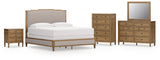 Sharlance King Upholstered Panel Bed with Mirrored Dresser, Chest and Nightstand in Light Brown from Ashley - Luna Furniture