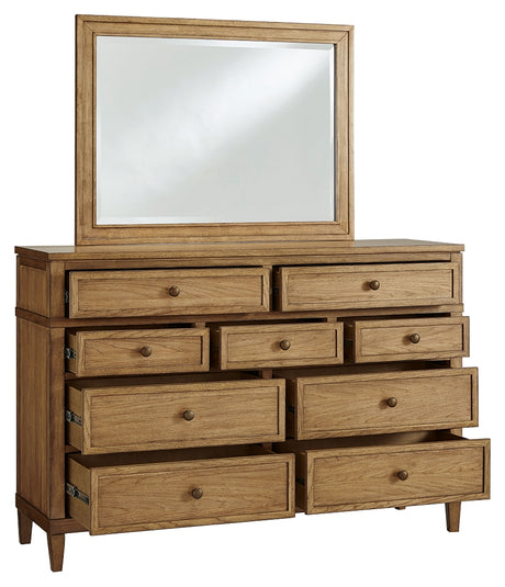 Sharlance King Upholstered Panel Bed with Mirrored Dresser, Chest and Nightstand in Light Brown from Ashley - Luna Furniture