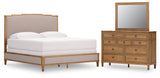 Sharlance King Upholstered Panel Bed with Mirrored Dresser in Light Brown from Ashley - Luna Furniture
