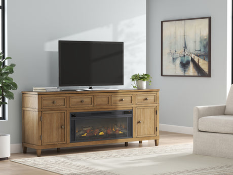 Sharlance Light Brown 81" TV Stand with Electric Fireplace from Ashley Furniture - Luna Furniture
