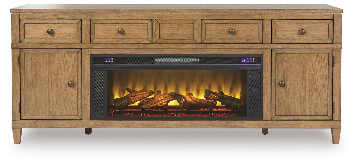 Sharlance Light Brown 81" TV Stand with Electric Fireplace from Ashley Furniture - Luna Furniture