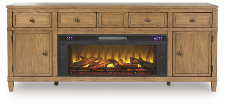 Sharlance Light Brown 81" TV Stand with Electric Fireplace from Ashley - Luna Furniture
