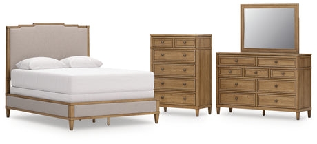 Sharlance Green/Brown Queen Upholstered Panel Bed with Mirrored Dresser and Chest from Ashley - Luna Furniture