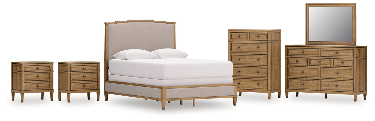 Sharlance Queen Upholstered Panel Bed with Mirrored Dresser, Chest and 2 Nightstands in Green/Brown from Ashley Furniture - Luna Furniture