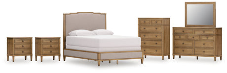 Sharlance Green/Brown Queen Upholstered Panel Bed with Mirrored Dresser, Chest and 2 Nightstands from Ashley - Luna Furniture