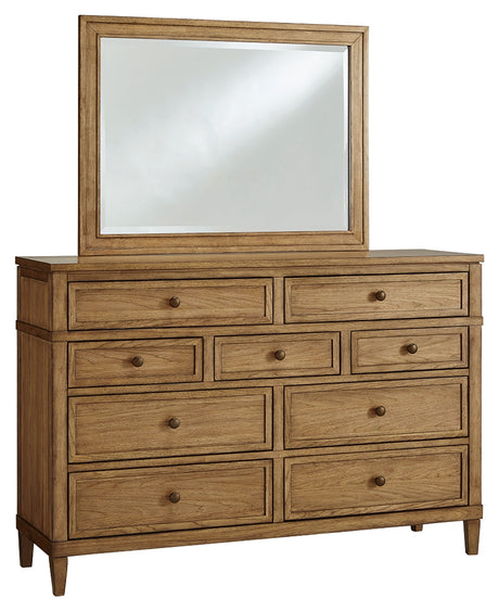 Sharlance Green/Brown Queen Upholstered Panel Bed with Mirrored Dresser from Ashley - Luna Furniture