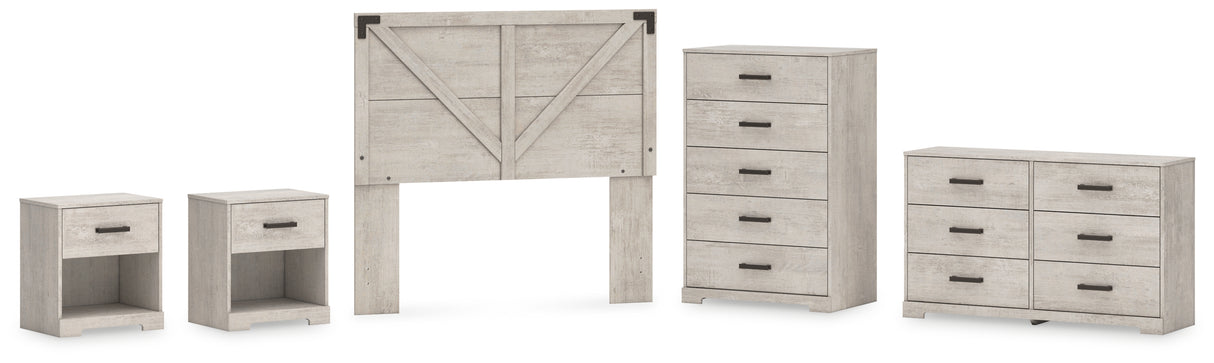 Shawburn Full Panel Headboard with Dresser, Chest and 2 Nightstands in Whitewash from Ashley - Luna Furniture