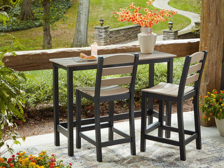 Shoreline Beach Black/Beige Outdoor Counter Table and 2 Barstools from Ashley - Luna Furniture