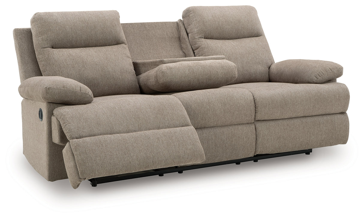 Side-Swipe Mocha Reclining Sofa with Drop Down Table from Ashley - Luna Furniture