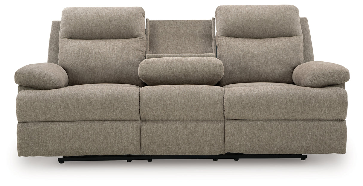 Side-Swipe Mocha Reclining Sofa with Drop Down Table from Ashley - Luna Furniture