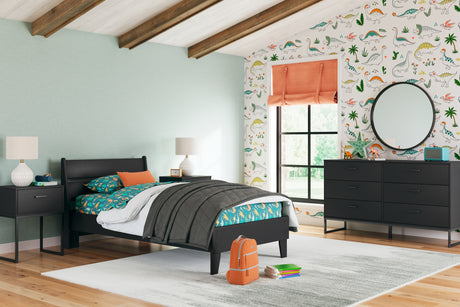 Socalle Twin Panel Platform Bed with Dresser, Chest and 2 Nightstands in Black from Ashley - Luna Furniture